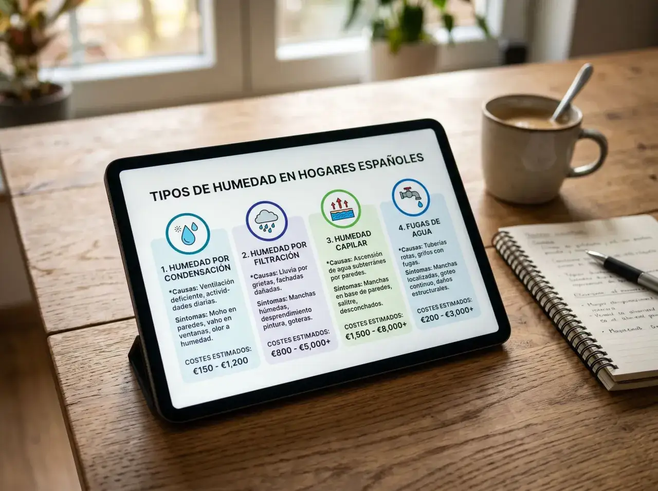 Tablet muestra tipos de humedad en hogares españoles: condensación, filtración, capilar y fugas de agua. Información útil para sistemas antihumedad.