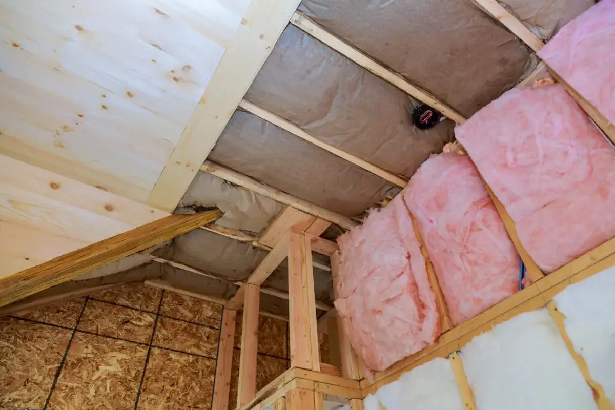 Proceso de como aislar un techo por el interior con lana de vidrio rosa y material aislante gris entre vigas de madera.