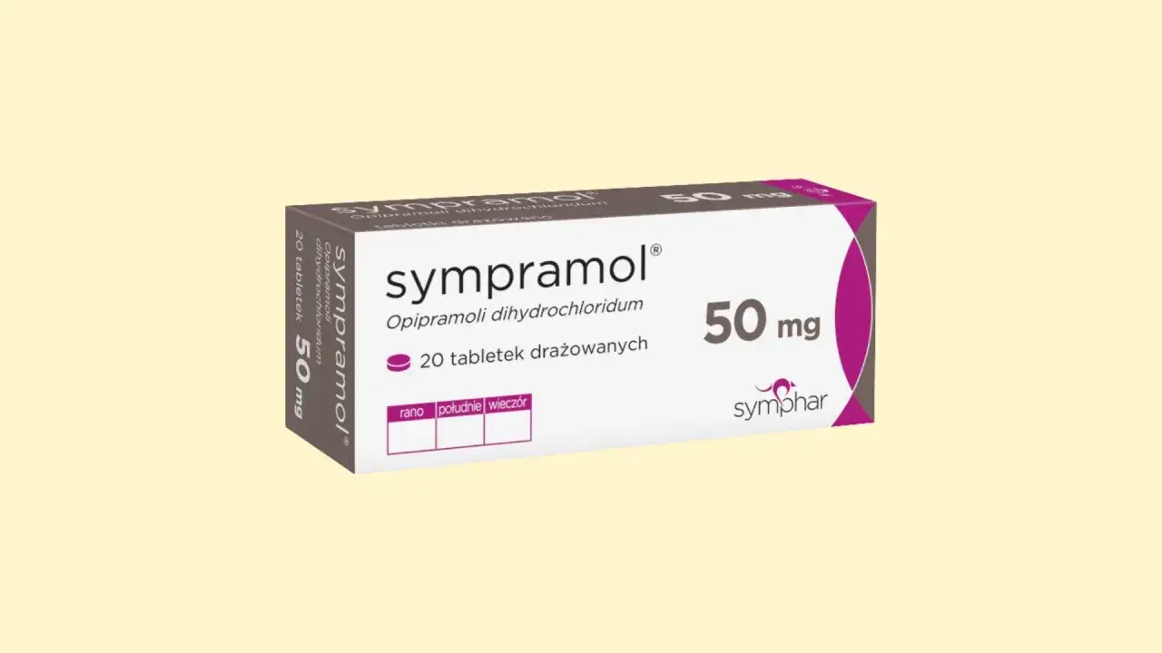 Opakowanie leku sympramol 50 mg, zawierające 20 tabletek drażowanych. Informacja o dawkowaniu: rano, południe, wieczór.