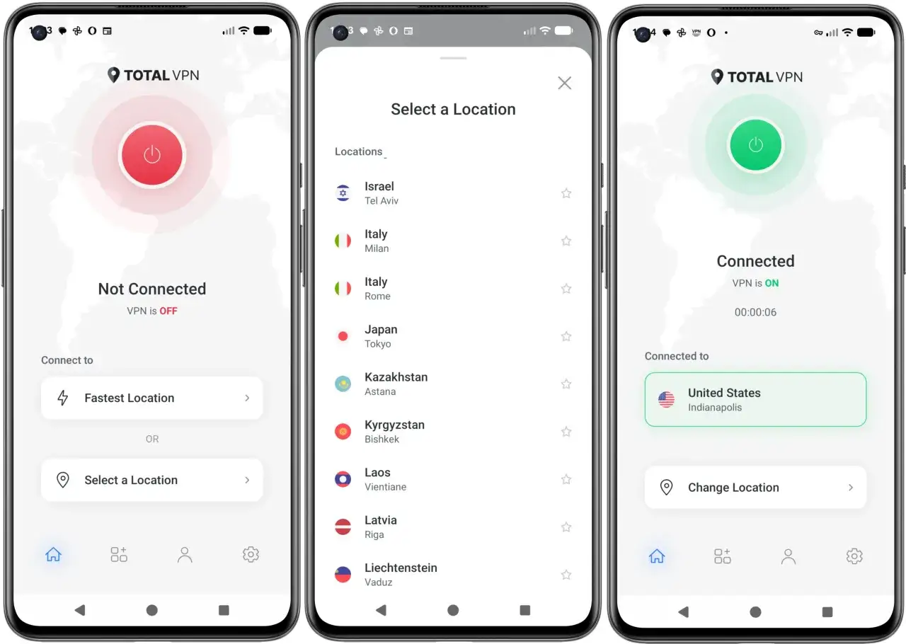 Total VPN en Android: conecta a servidores globales. Elige tu ubicaci&oacute;n o la m&aacute;s r&aacute;pida. &iexcl;Navega seguro!