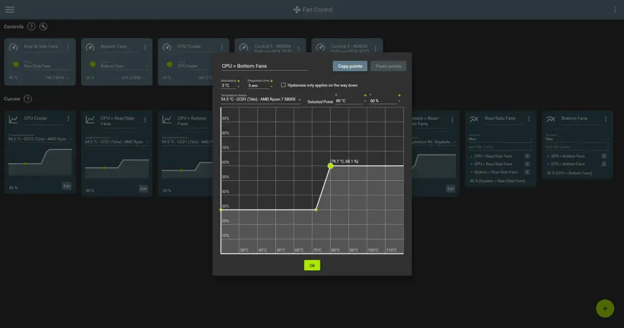Die Benutzeroberfläche der fan control software zeigt eine Lüfterkurve für die CPU-Lüfter, die auf die Temperatur des AMD Ryzen 7 5800X reagiert.