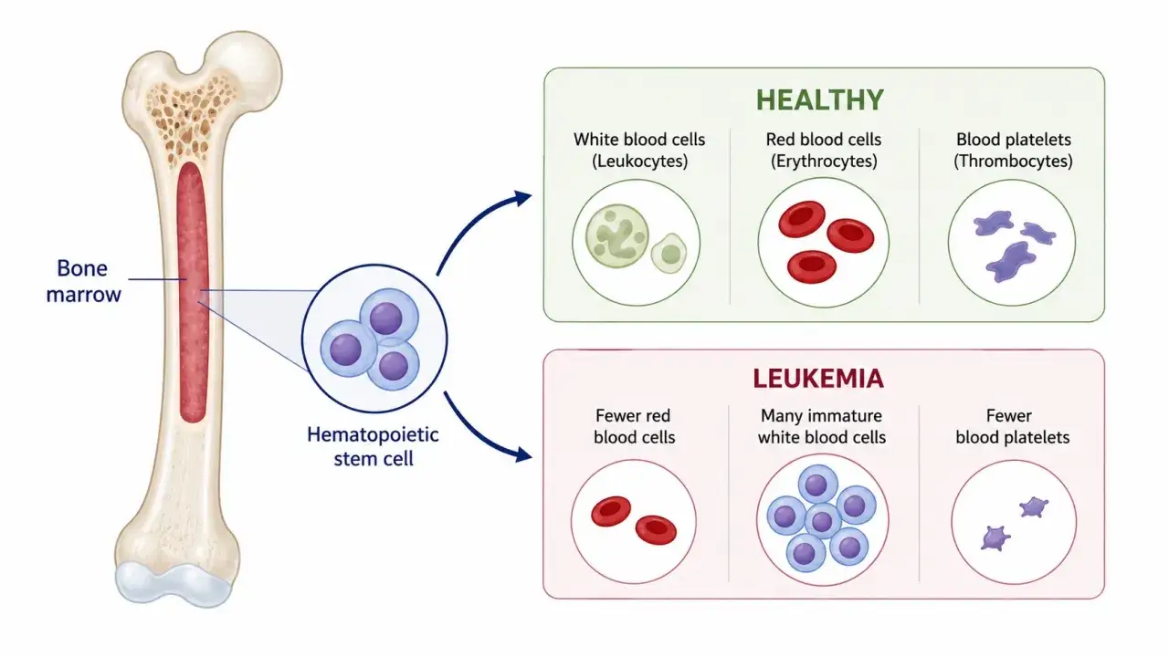 Leucemia: confronto tra cellule sane e malate. La leucemia causa meno globuli rossi e piastrine, e molti globuli bianchi immaturi.
