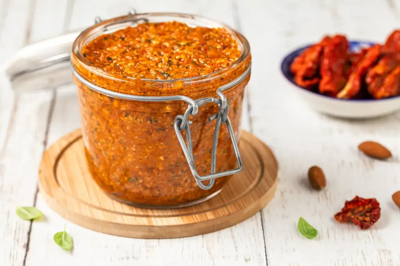 Vaso di pesto pomodori secchi fatto in casa, con mandorle e basilico fresco.