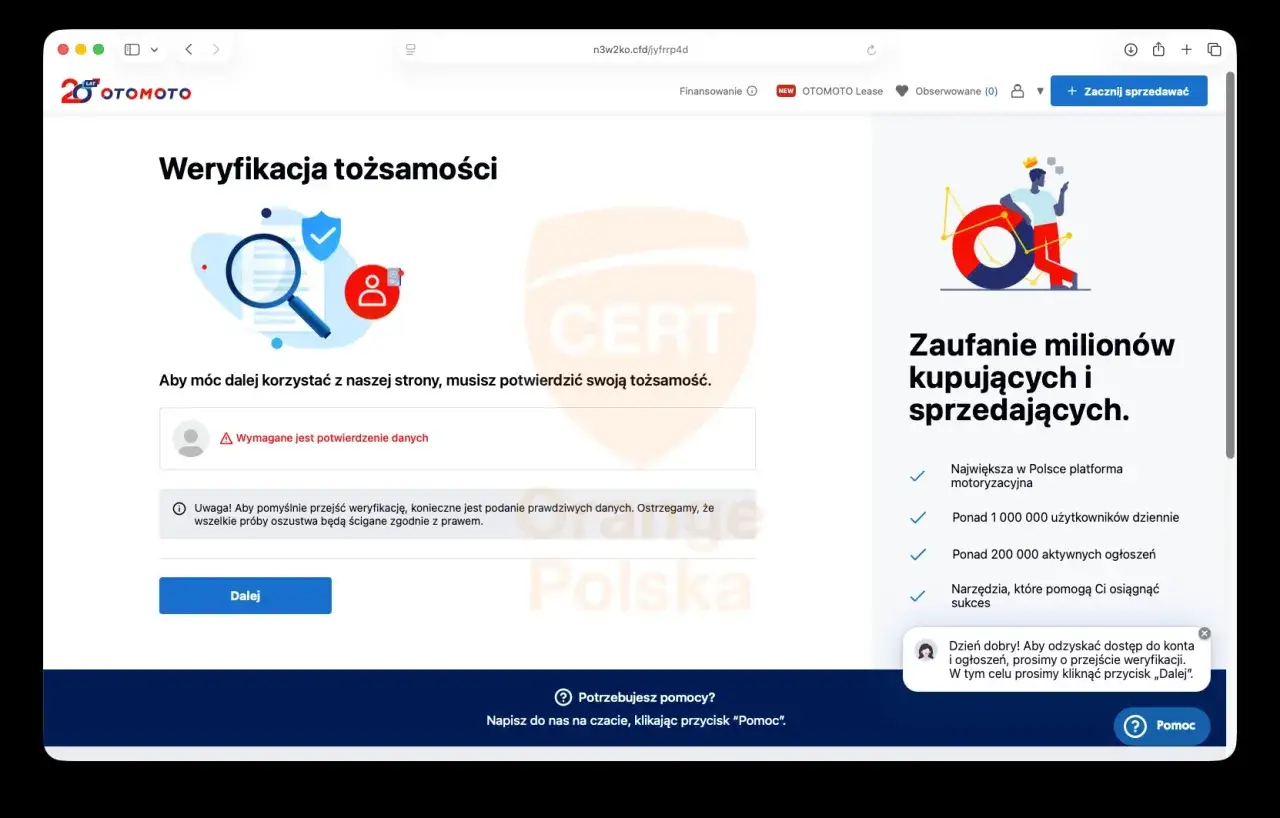 Weryfikacja tożsamości na OTOMOTO. Potwierdź dane, by korzystać z serwisu. Bez tego nie przejdziesz dalej.