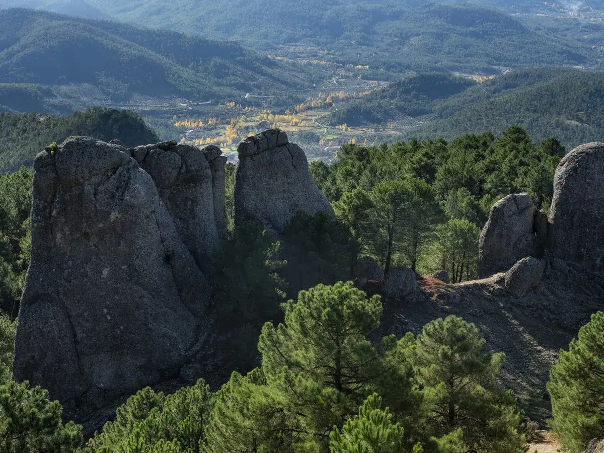 Impresionantes formaciones rocosas y pinos verdes, perfectos para rutas senderismo Albacete. El valle oto&ntilde;al al fondo invita a explorar.