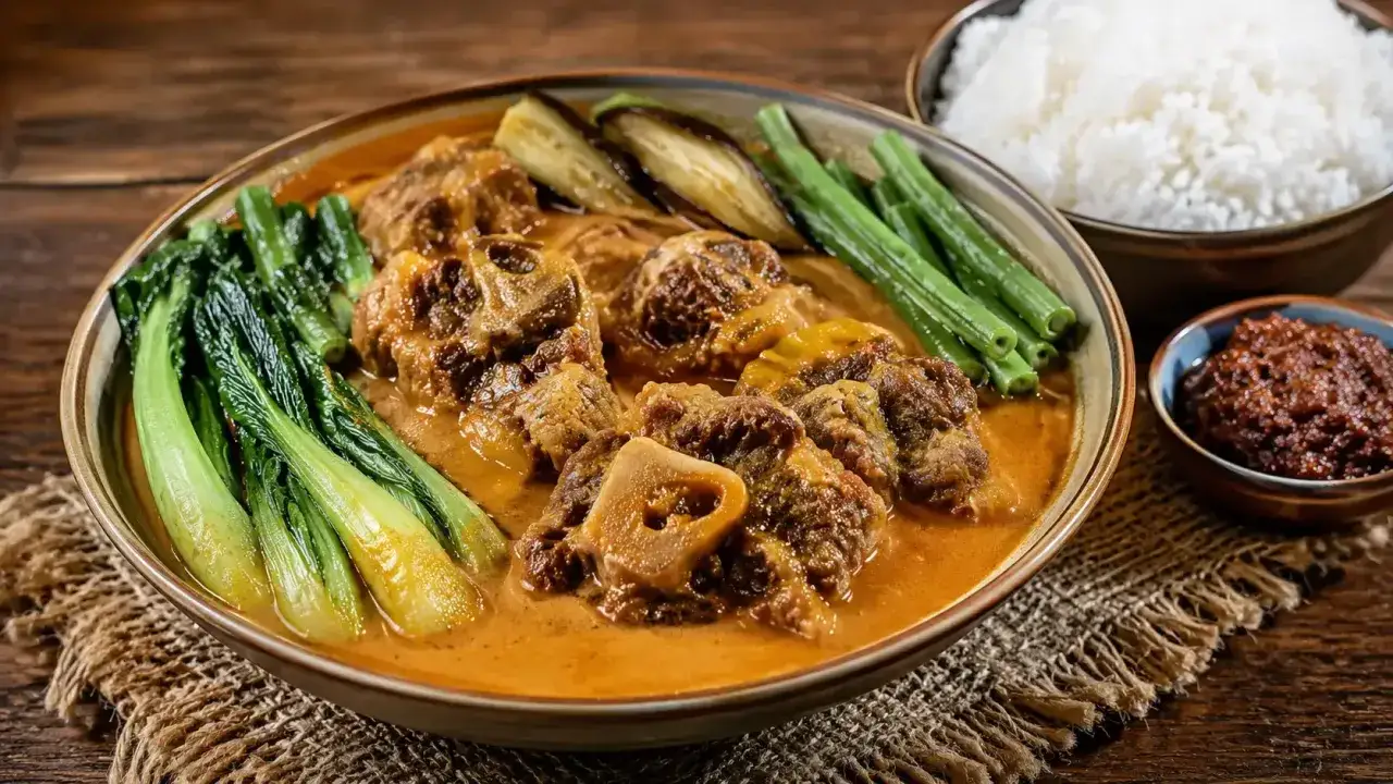 En skål med kare kare, en filippinsk gryta med oxsvans och grönsaker i en jordnötsbaserad sås, serverad med ris och bagoong.