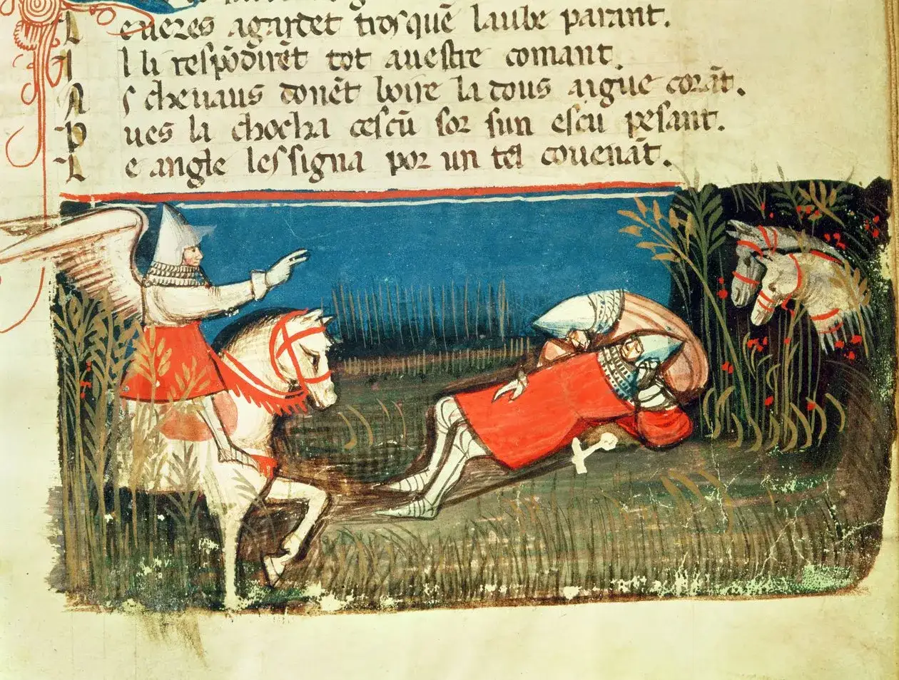 Rycerz na białym koniu z anielskimi skrzydłami wskazuje na leżącego rycerza. Ilustracja do 