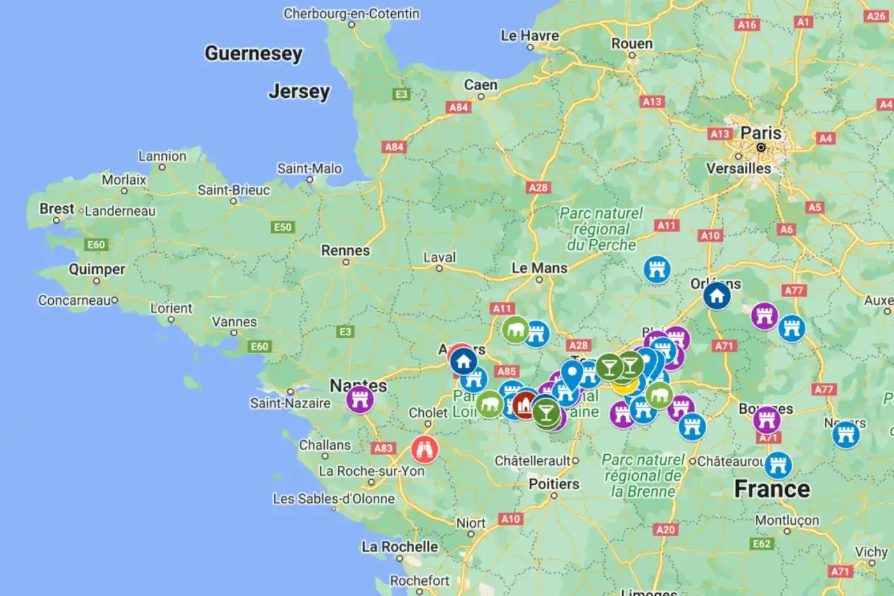 Carte des Ch&acirc;teaux de la Loire, id&eacute;ale pour un itin&eacute;raire pour visiter les ch&acirc;teaux de la Loire en 3 jours.
