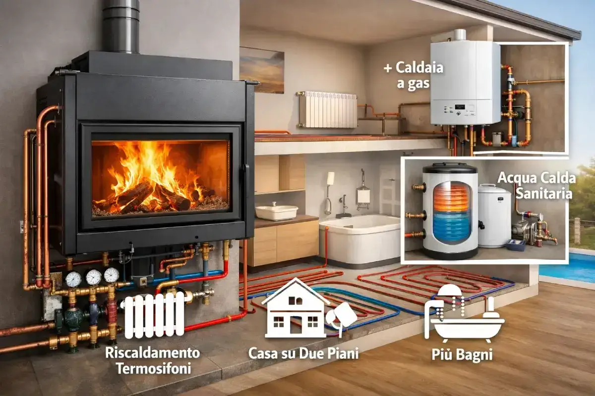 Schema di un impianto riscaldamento a legna con termosifoni, riscaldamento a pavimento, caldaia a gas e acqua calda sanitaria per una casa su due piani.