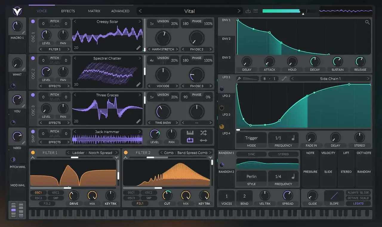 Ein **free synthesizer** mit vielen Einstellungsmöglichkeiten: Oszillatoren, Filter, Hüllkurven und LFOs.