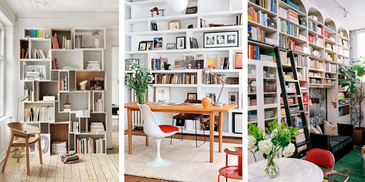 Ideas para decorar una librería: estanterías modulares, organizadores de pared y bibliotecas completas con escaleras.