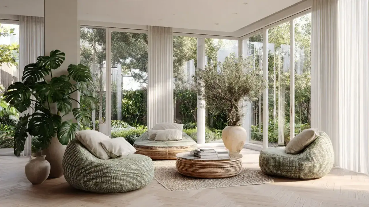 Cozy sunroom decorating ideas with plush seating, lush plants, and a rattan coffee table, all bathed in natural light from floor-to-ceiling windows.