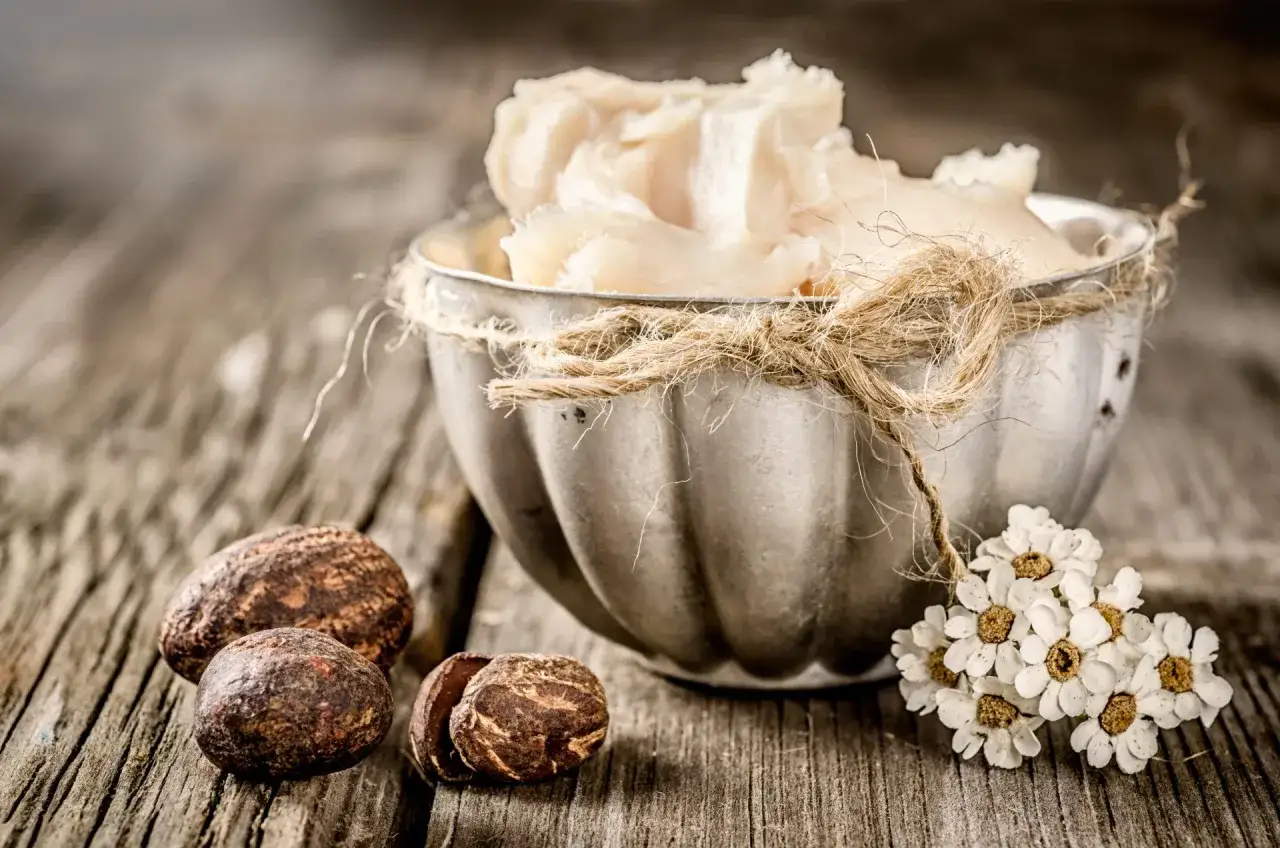 Burro di karit&eacute; in una ciotola, con noci di karit&eacute; e fiori. Utile per la cura della pelle e dei capelli, idrata e nutre.