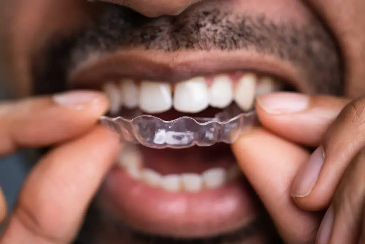 Persona colocando un retenedor de ortodoncia invisible. Un paso clave para corregir la alineación dental y prevenir la periodontitis.