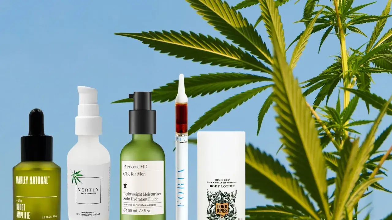 Odkryj naturalne olej konopny właściwości w kosmetykach. Na zdjęciu produkty z konopi: lotiony, serum i kremy.
