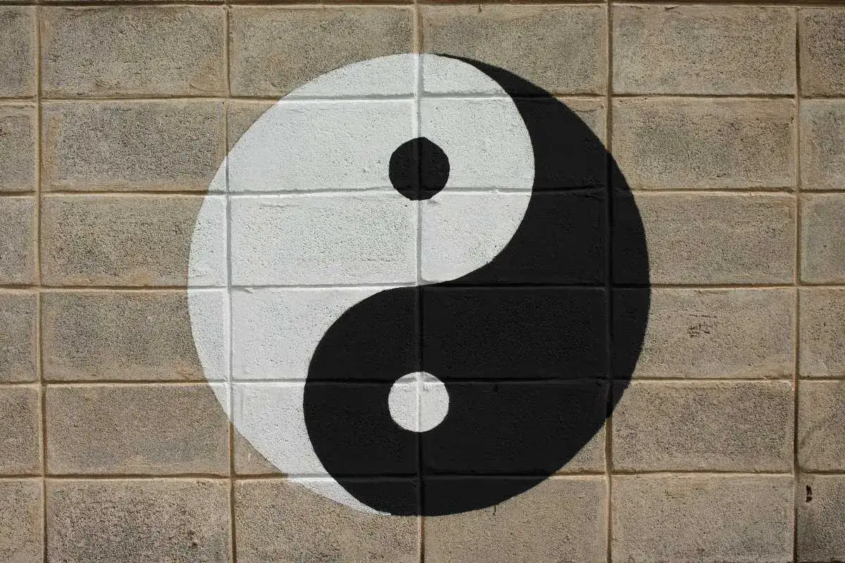 Simbolo yin e yang dipinto su un muro di mattoni grezzi, un'armoniosa danza di luce e ombra.