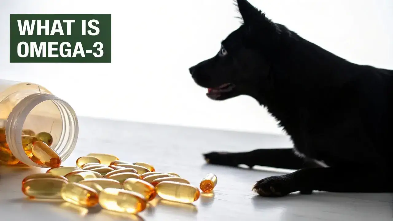 Svart hund tittar på omega-3 kapslar. Finns det omega-3 hund biverkningar?