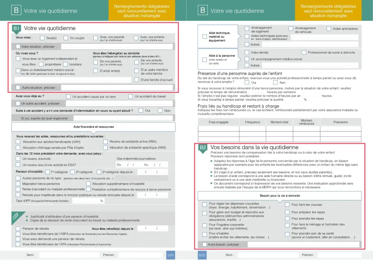Modèle de lettre pour demande de carte d'invalidité : formulaire administratif pour déclarer ses ressources et besoins.