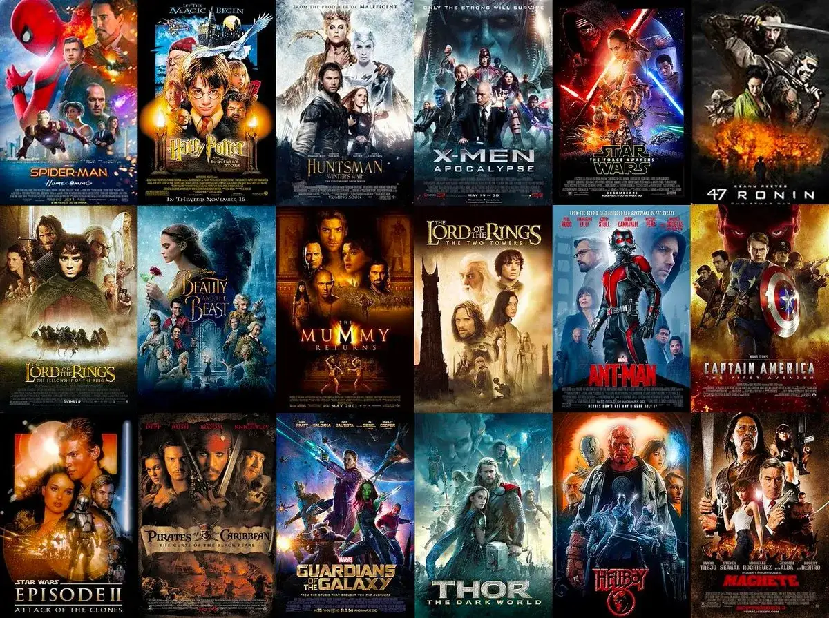Kolaż plakatów filmowych: Spider-Man, Harry Potter, Łowca, X-Men, Star Wars, 47 Ronin, Władca Pierścieni, Mumia, Ant-Man, Kapitan Ameryka, Piraci z Karaibów, Strażnicy Galaktyki, Thor, Hellboy, Machete. Filmy na podstawie gier.