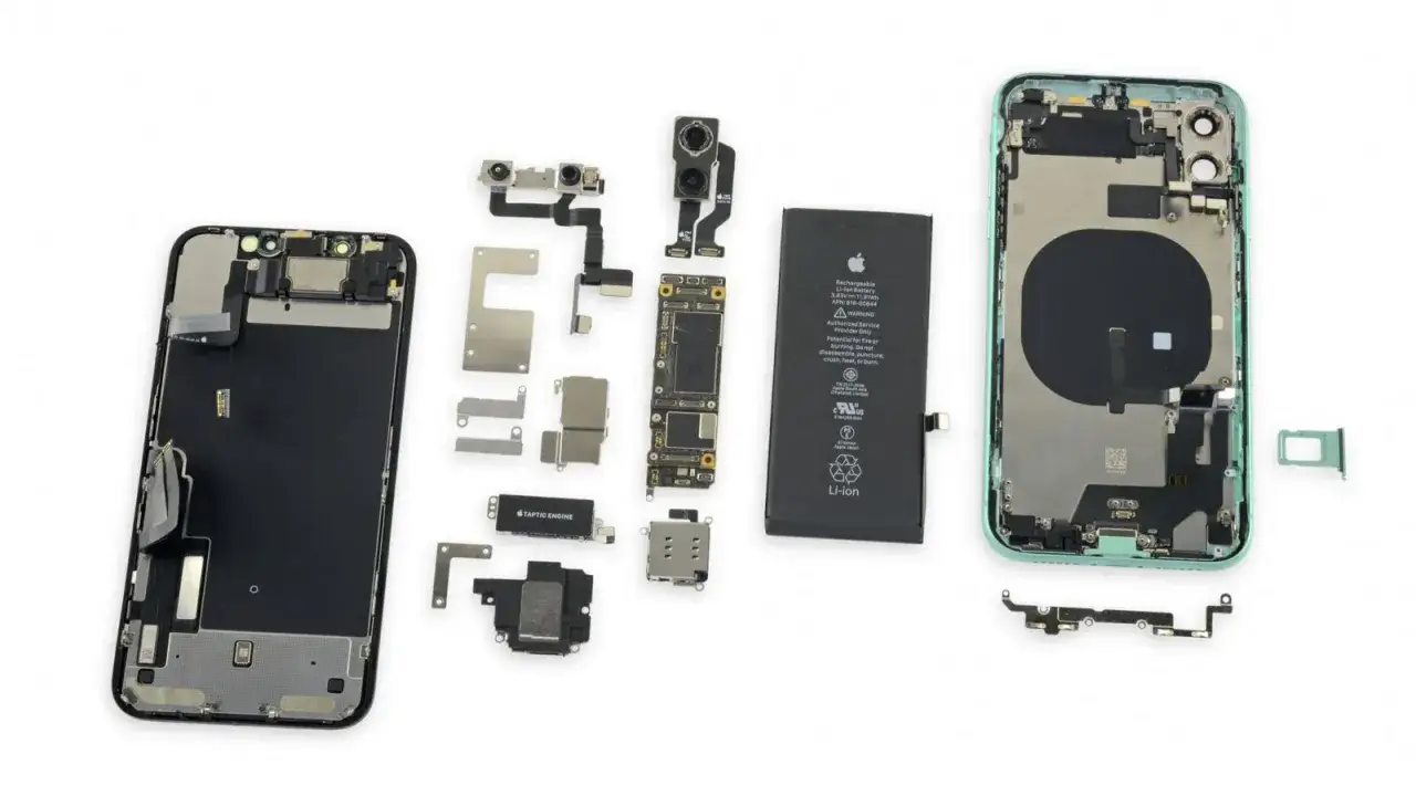 Rozłożony iPhone 11 z widocznym ekranem, baterią, modułami aparatów i płytą główną, na której znajduje się główny układ scalony.