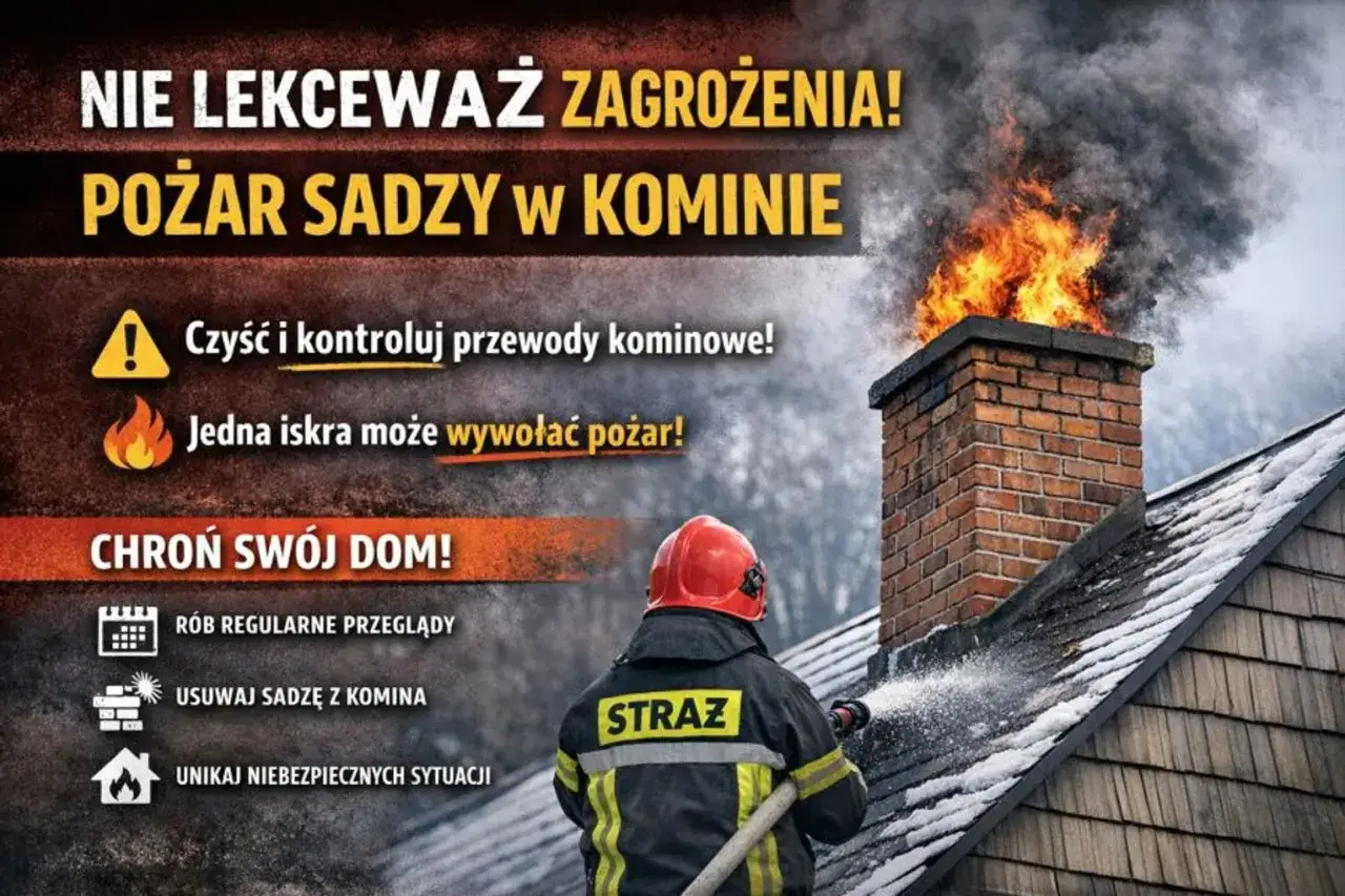 Pożar sadzy w kominie! Strażak gasi płomienie. Czyść przewody kominowe, by uniknąć zagrożenia. Rób przeglądy i usuwaj sadzę.