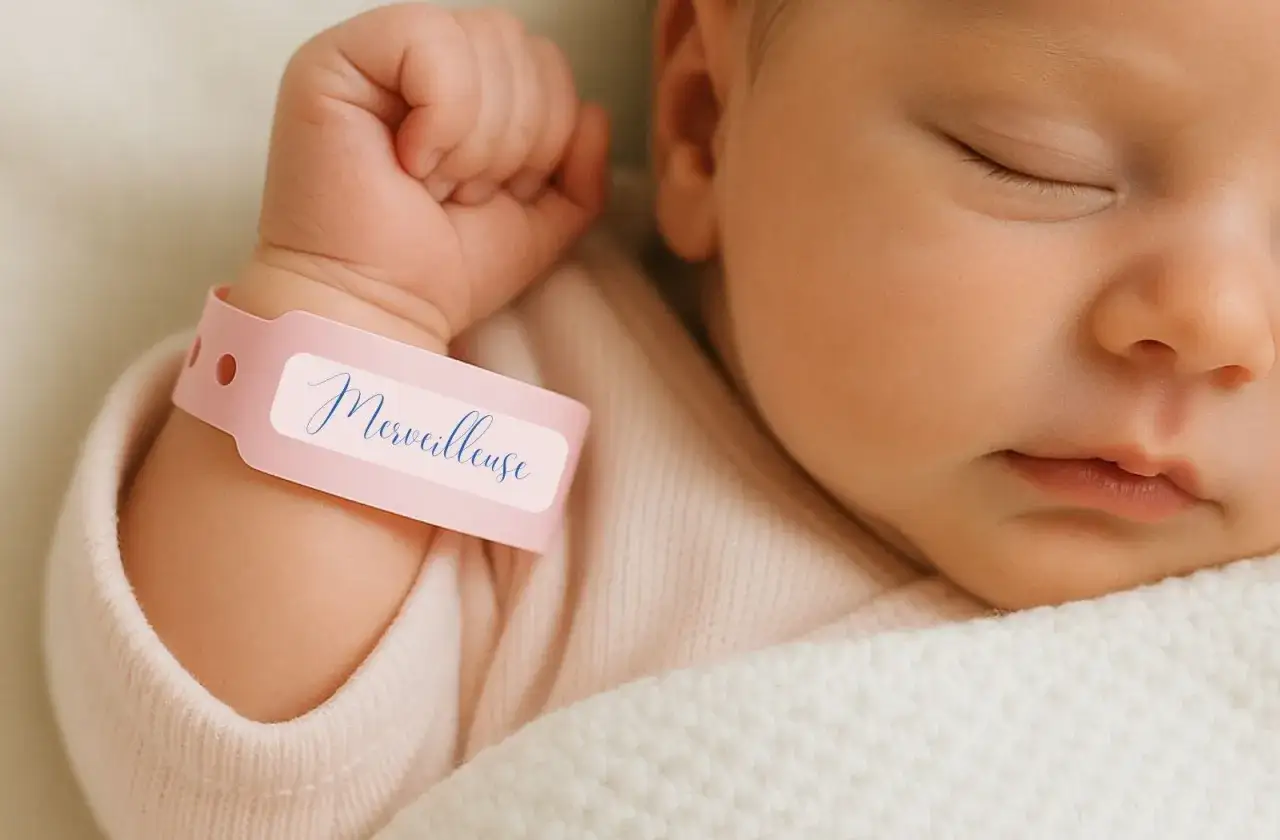 Un bracelet rose sur le poignet d'un b&eacute;b&eacute; endormi porte le pr&eacute;nom 