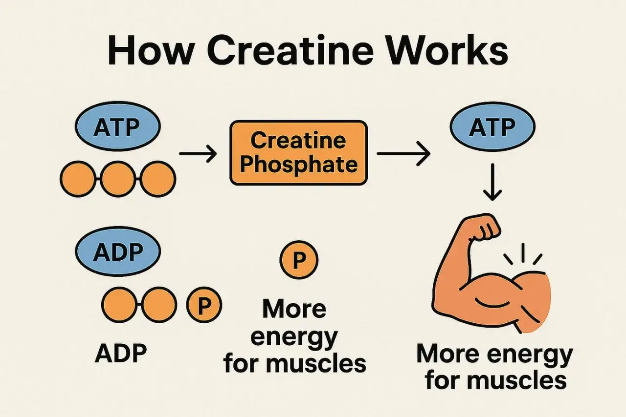 Diagram visar hur kreatin ger mer energi för muskler genom ATP-processen. Kreatin effekt för starkare muskler.