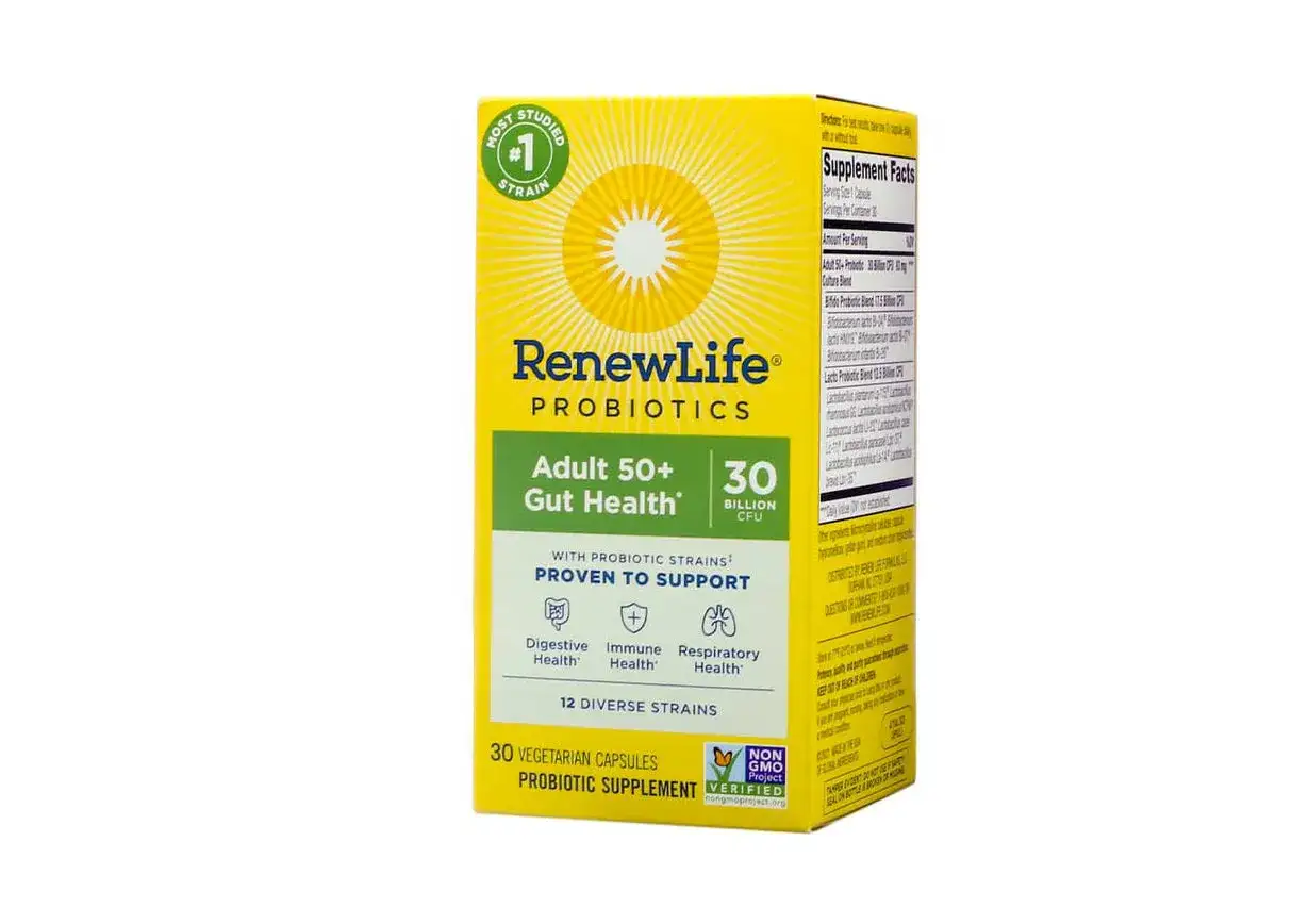 Probiotyk dla dorosłych Renew Life Adult 50+ Gut Health, 30 miliardów CFU, 30 kapsułek. Wspiera zdrowie jelit, odporność i układ oddechowy.