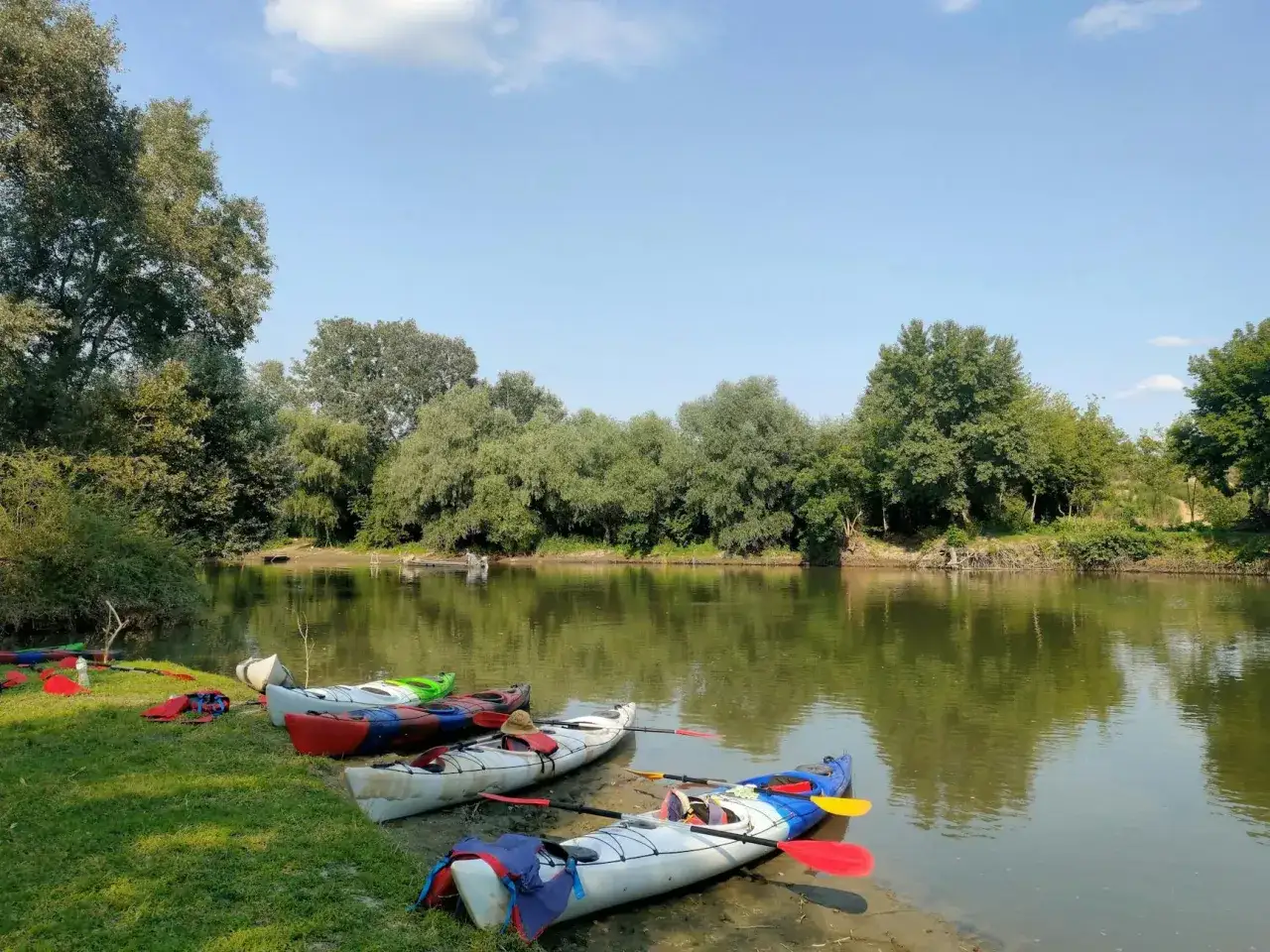 Kilka kajaków czeka na brzegu zielonej rzeki Tuga. W tle bujna roślinność i błękitne niebo.
