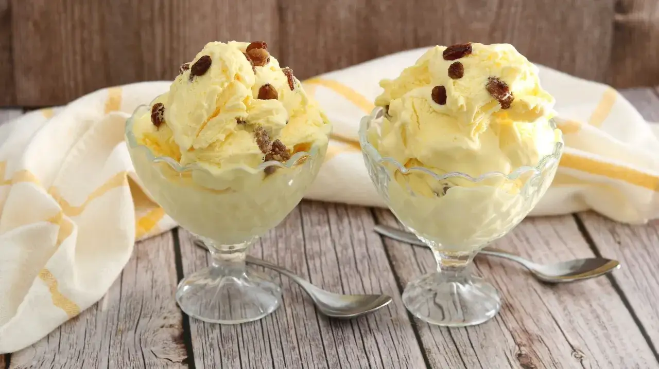 Zwei Schalen mit cremigem Malaga-Eis, garniert mit Rosinen. Ein k&ouml;stliches Malaga Eis Rezept zum Nachmachen.