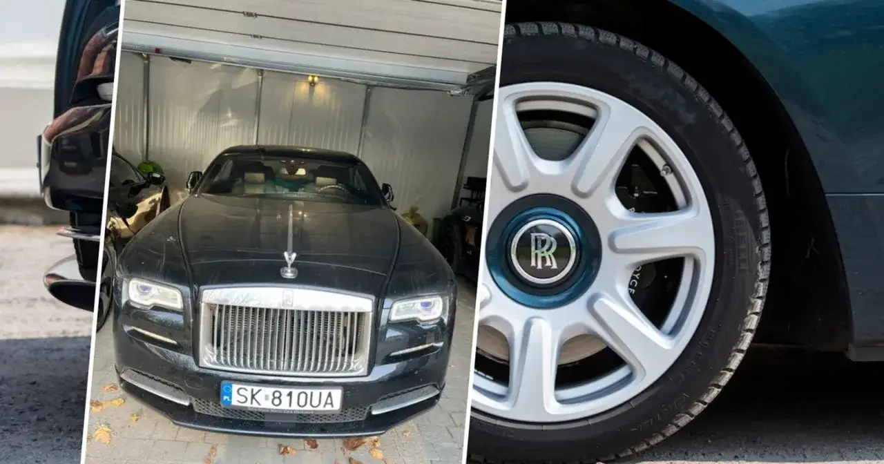 Luksusowe auta za grosze od komornika? Na zdjęciu czarny Rolls-Royce w garażu i zbliżenie na felgę z logo RR.