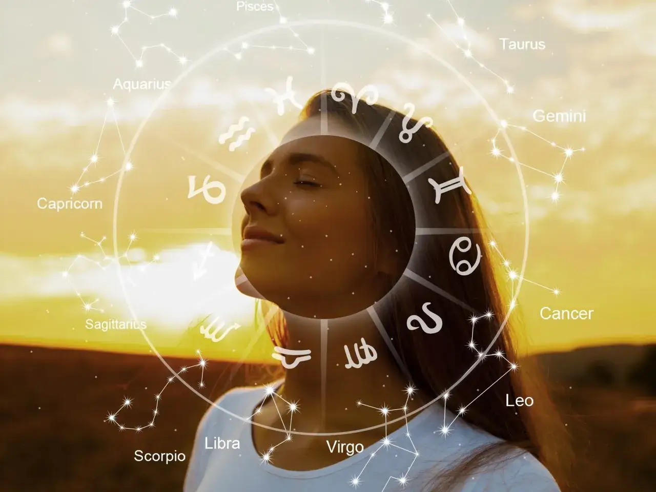 Una mujer con los ojos cerrados, rodeada por el zod&iacute;aco y constelaciones, como un ser de luz conectada al universo.