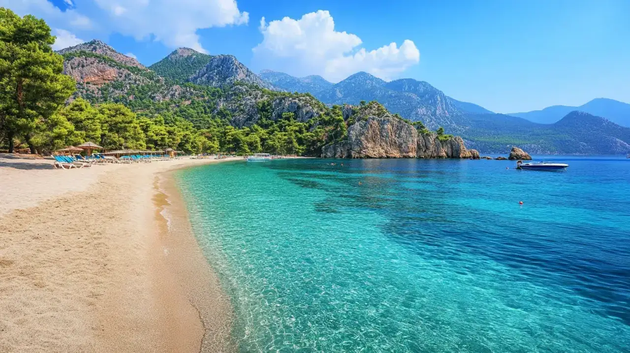 Piękna plaża w Turcji, Kusadasi. Turkusowa woda, piaszczysty brzeg i g&oacute;ry w tle. Idealne miejsce na wakacje.