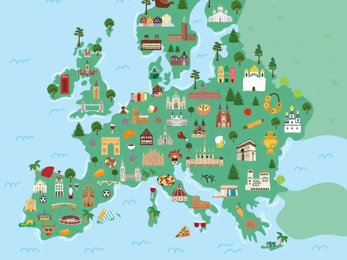 Mapa ilustrada de Europa con iconos de monumentos y comida, representando ciudades de Europa.