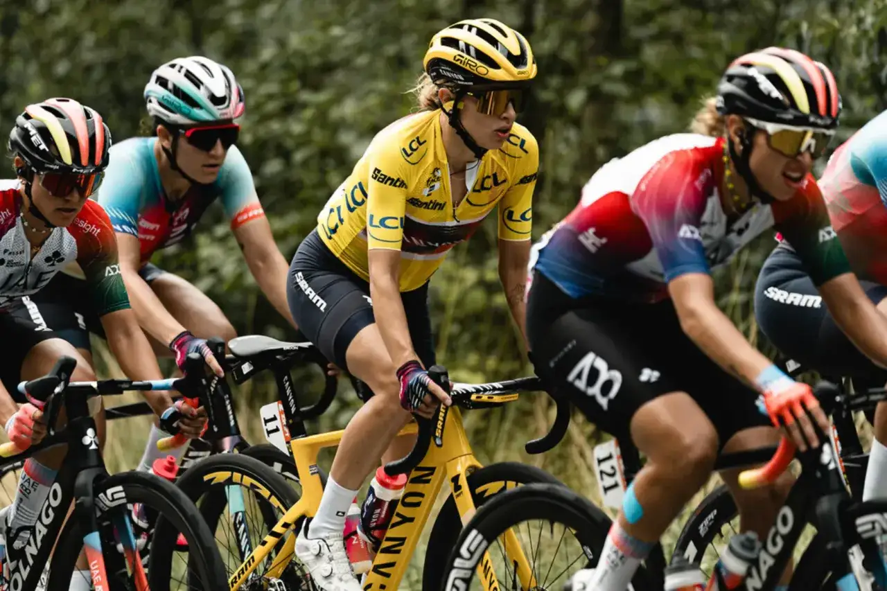 Cyclists in vibrant jerseys, including a prominent yellow one, compete in a race. The image captures the intensity of the peloton, with riders focused on the road ahead, showcasing their team colors and the spirit of cycling.