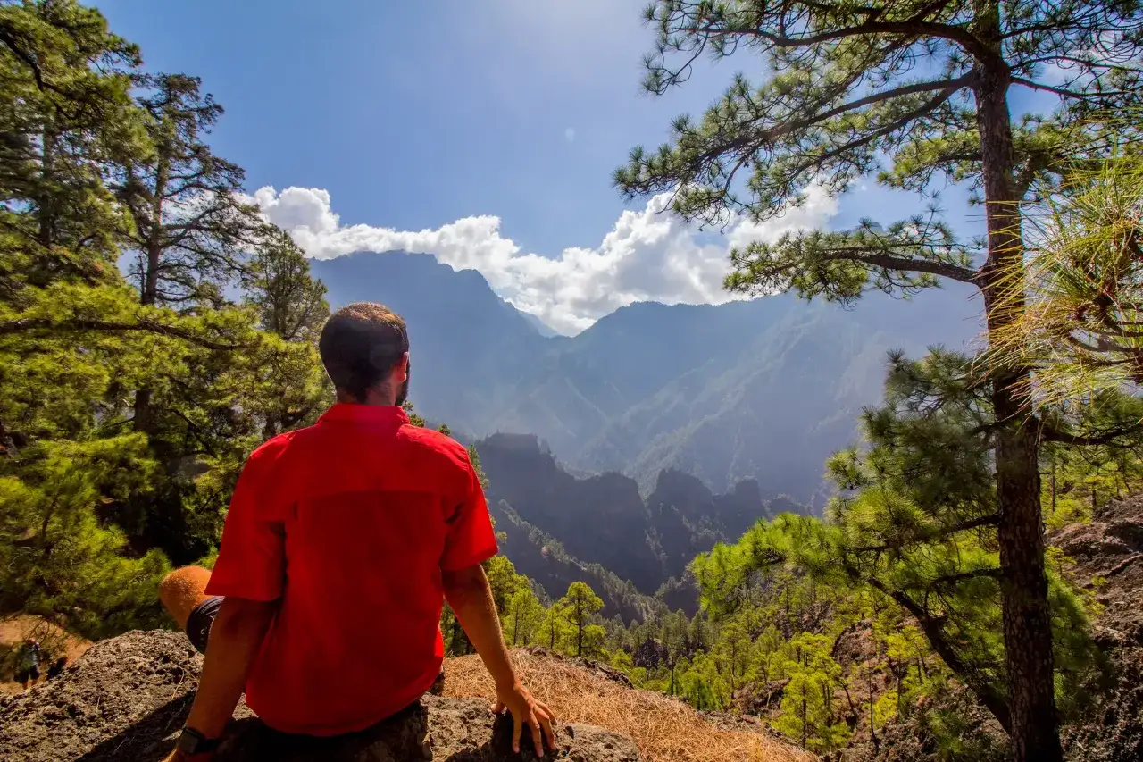 Hombre con camisa roja admira el paisaje montañoso de La Palma. Senderos la Palma invitan a explorar la naturaleza.