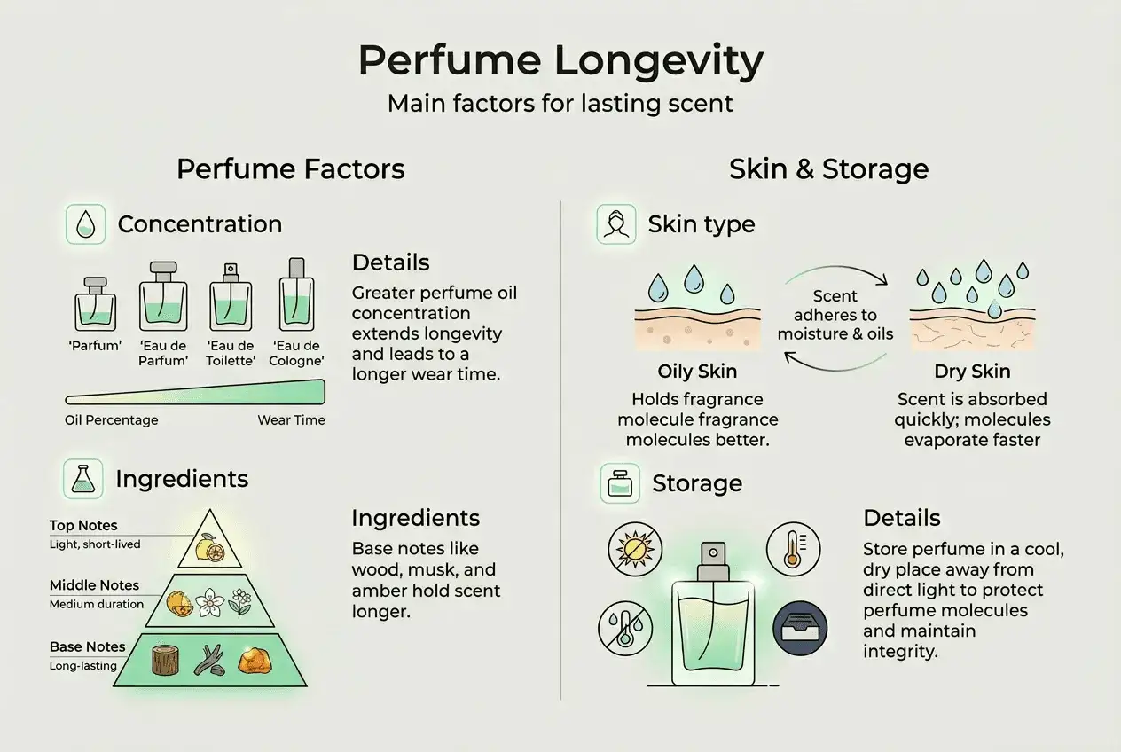 Jak długo starcza 100ml perfum? Infografika wyjaśnia, że na trwałość zapachu wpływa koncentracja, składniki, typ skóry i przechowywanie.