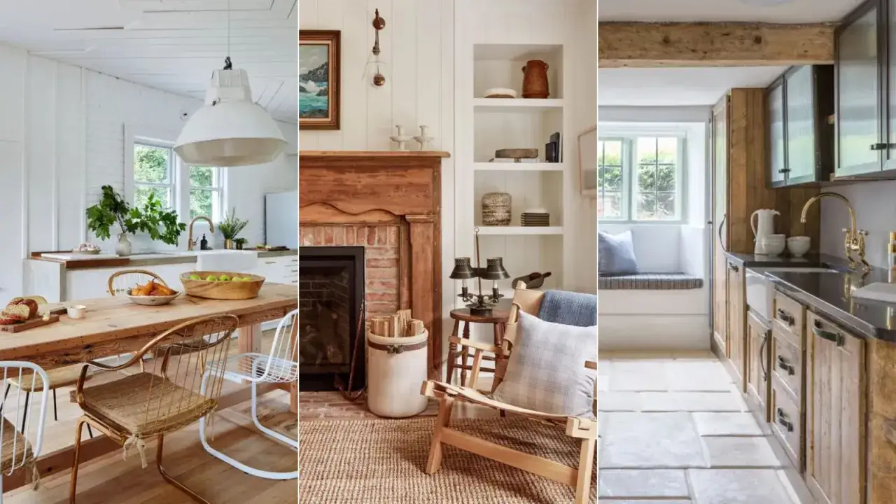 Cozy farmhouse style interiors: a bright kitchen with a wooden table, a living area with a brick fireplace, and a rustic kitchen with wooden cabinets.