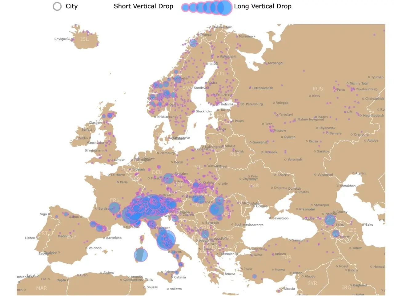 Gdzie na narty za granicę? Mapa Europy z zaznaczonymi miastami i wielkością kółek wskazującą popularność.