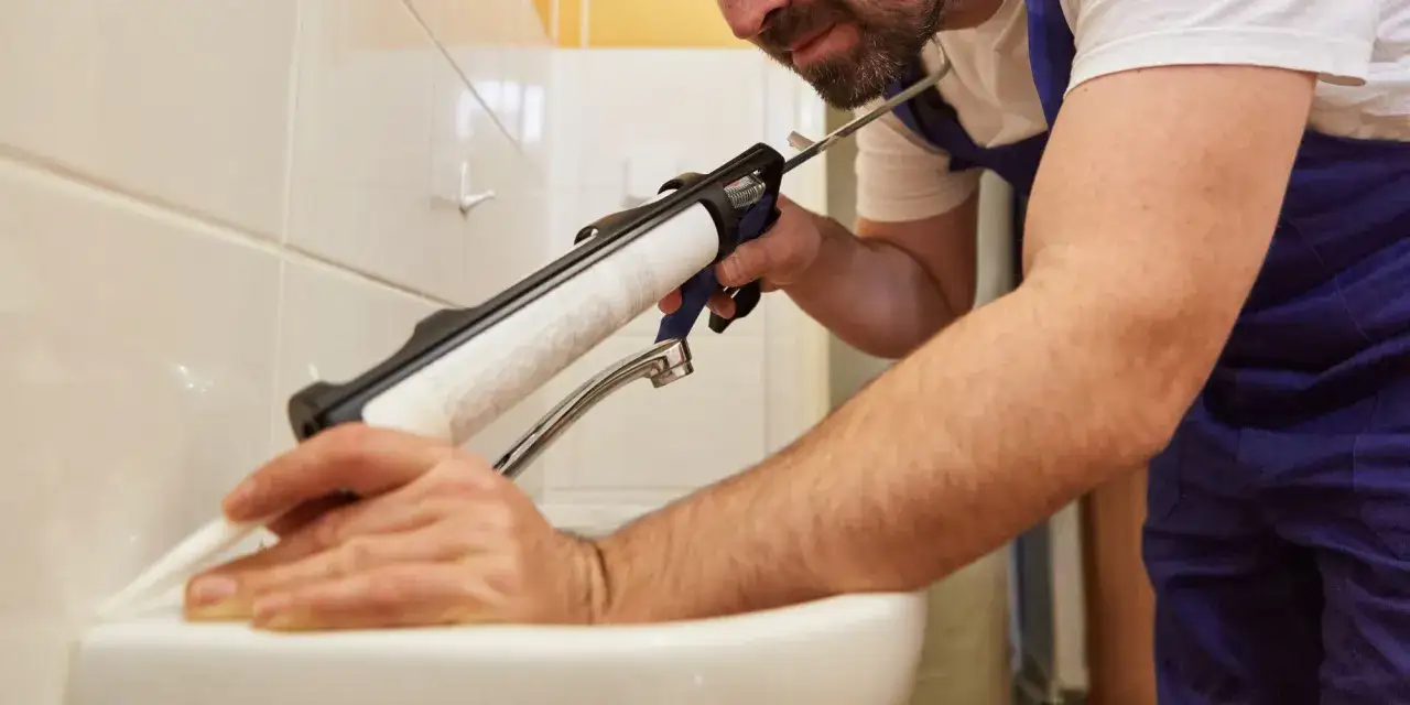 Un artisan applique du silicone pour ma&ccedil;onnerie autour d'un lavabo, assurant une finition &eacute;tanche et propre.