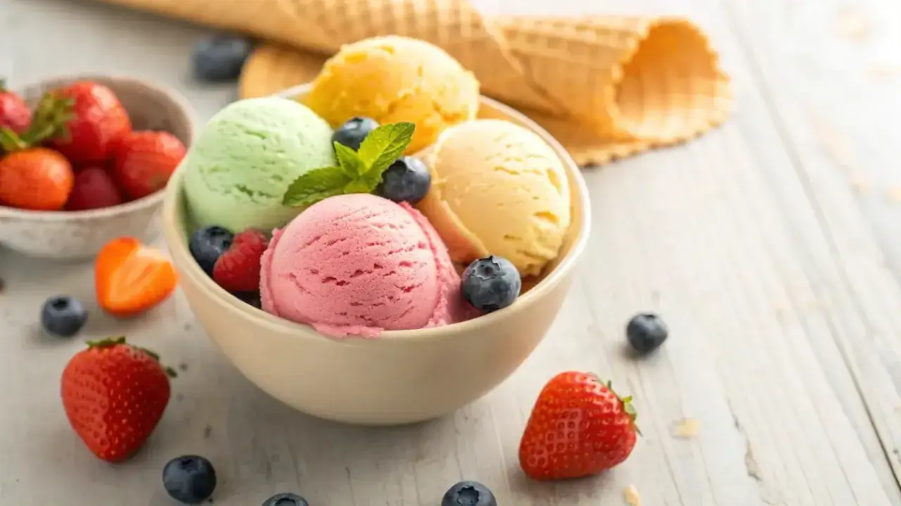 Bunte Eiskugeln in einer Schale, garniert mit Beeren und Minze. Perfekt f&uuml;r kinder eis selber machen!