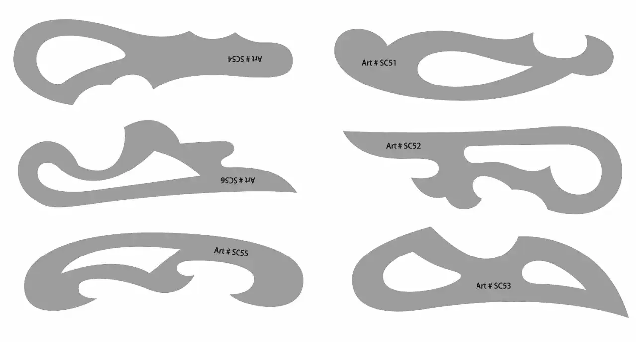 Ensemble de gabarits pour le **mat&eacute;riel dessin technique**, offrant des courbes vari&eacute;es pour des trac&eacute;s pr&eacute;cis et artistiques.