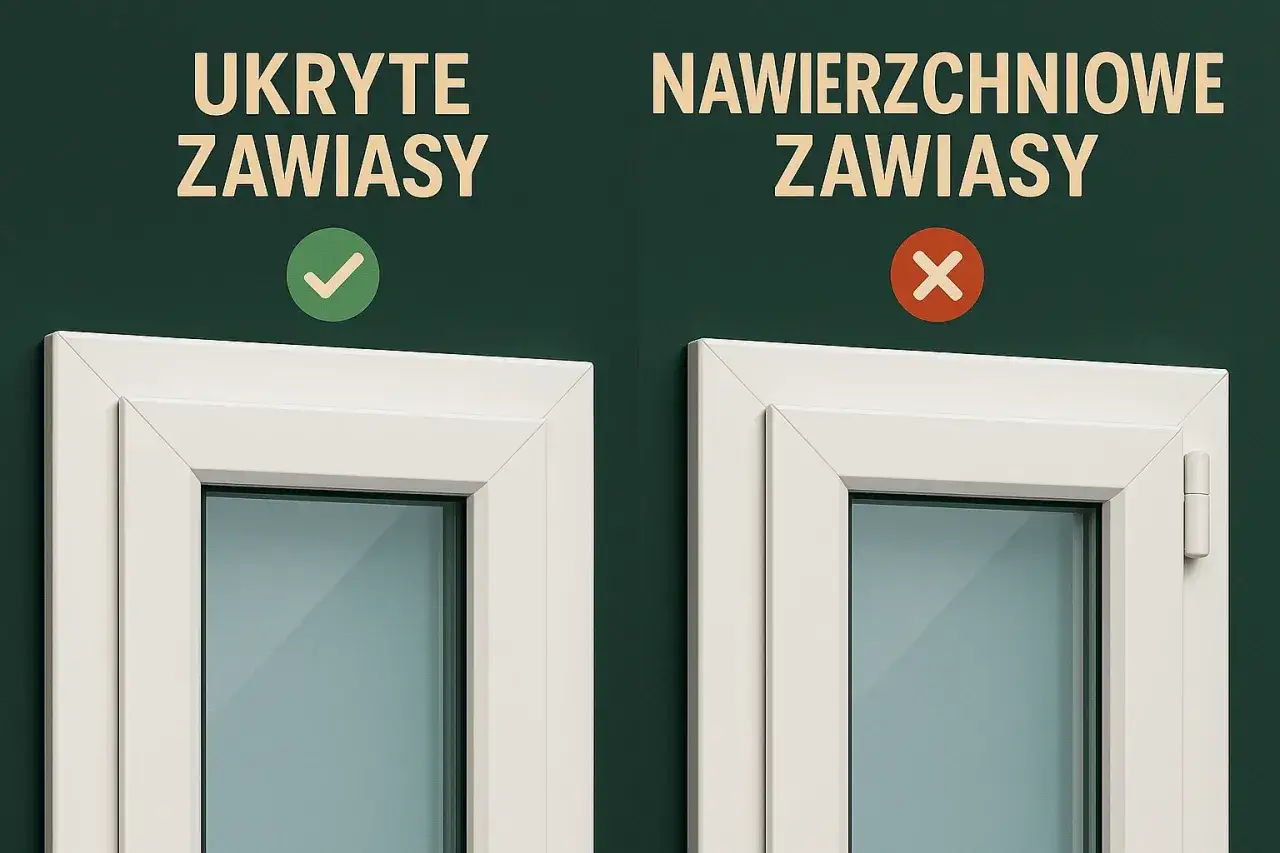 Okna z ukrytymi zawiasami są bardziej estetyczne i mniej awaryjne niż te z widocznymi, nawierzchniowymi.