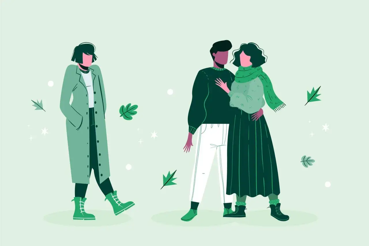 Illustrazione di una donna sola e una coppia abbracciata, che evoca la mancanza di fiducia nel partner psicologia.