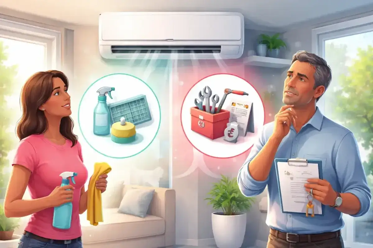 Une locataire envisage le nettoyage de sa climatisation, tandis qu'un technicien r&eacute;fl&eacute;chit &agrave; l'entretien et au co&ucirc;t.