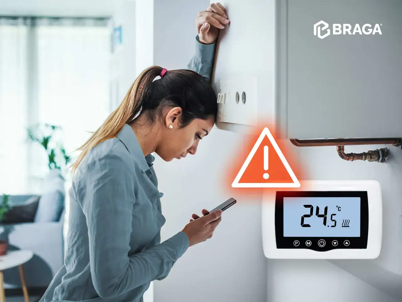 Donna preoccupata guarda il telefono, con un segnale di avviso su un termostato che indica che il termostato non funziona.