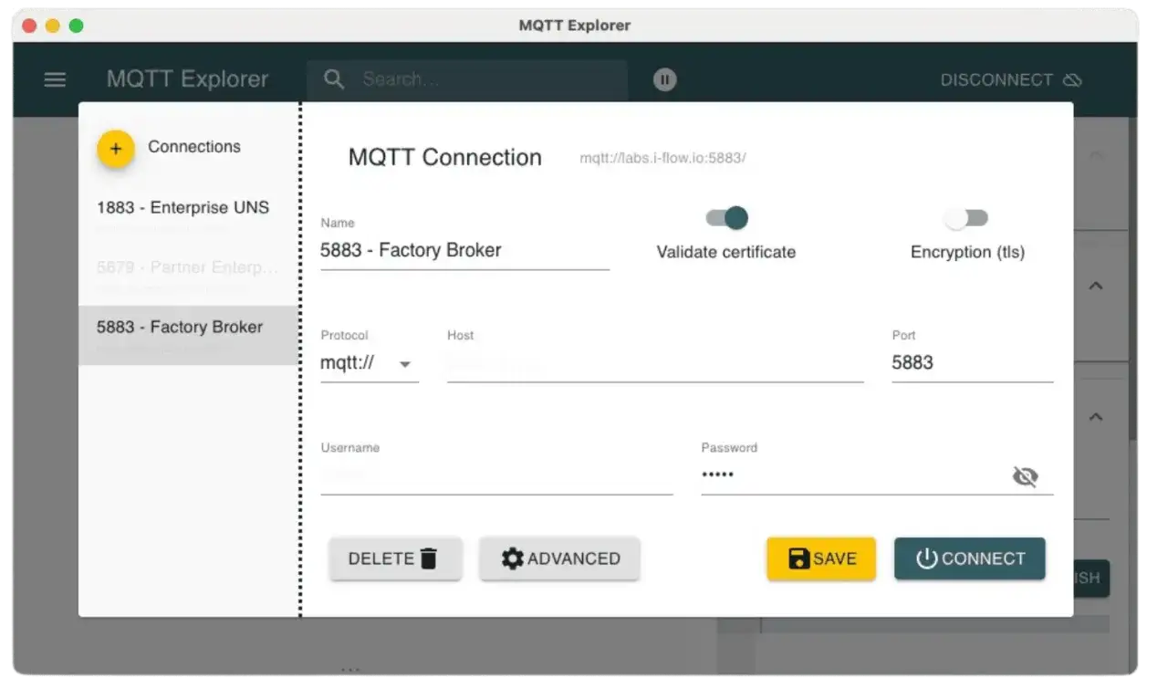 MQTT Explorer interface showing connection details for 