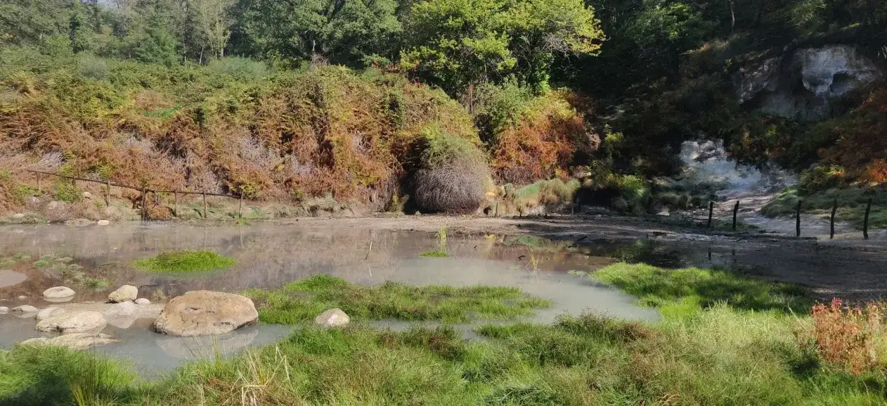 Acqua torbida e vegetazione rigogliosa nella valle del Mignone, con rocce e un sentiero sullo sfondo.