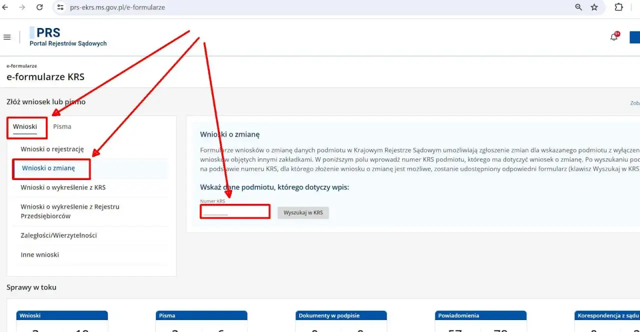 Strona e-formularze KRS. Wniosek o zmianę danych. Instrukcja jak złożyć wniosek do KRS elektronicznie. Wpisz numer KRS i wyszukaj.