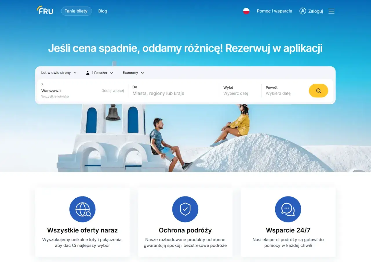 Jak wyszukiwać tanie loty? Strona FRU oferuje wyszukiwarkę lotów z Warszawy do wybranego miejsca.